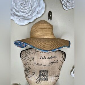 NTM: David & Young Floppy Straw Hat with Blue Floral Print Sz OS
